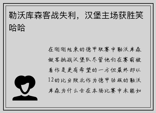 勒沃库森客战失利，汉堡主场获胜笑哈哈